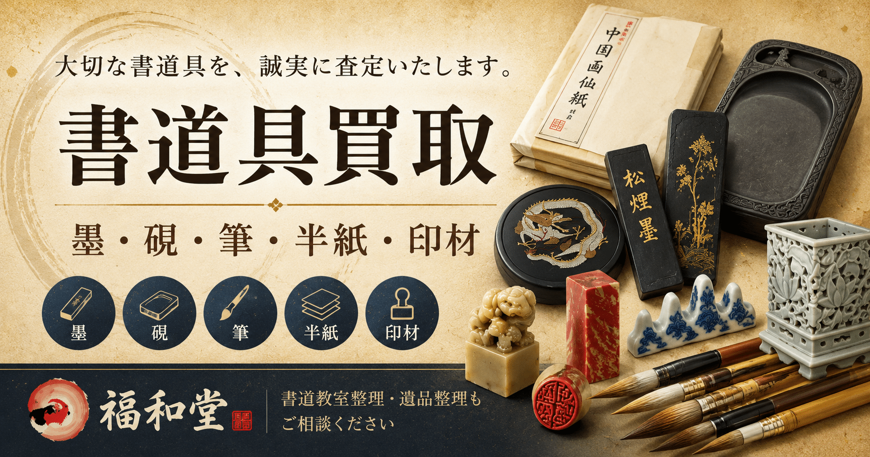 書道具買取｜墨・硯・筆・半紙・印材・書画・書道教室整理は福和堂書