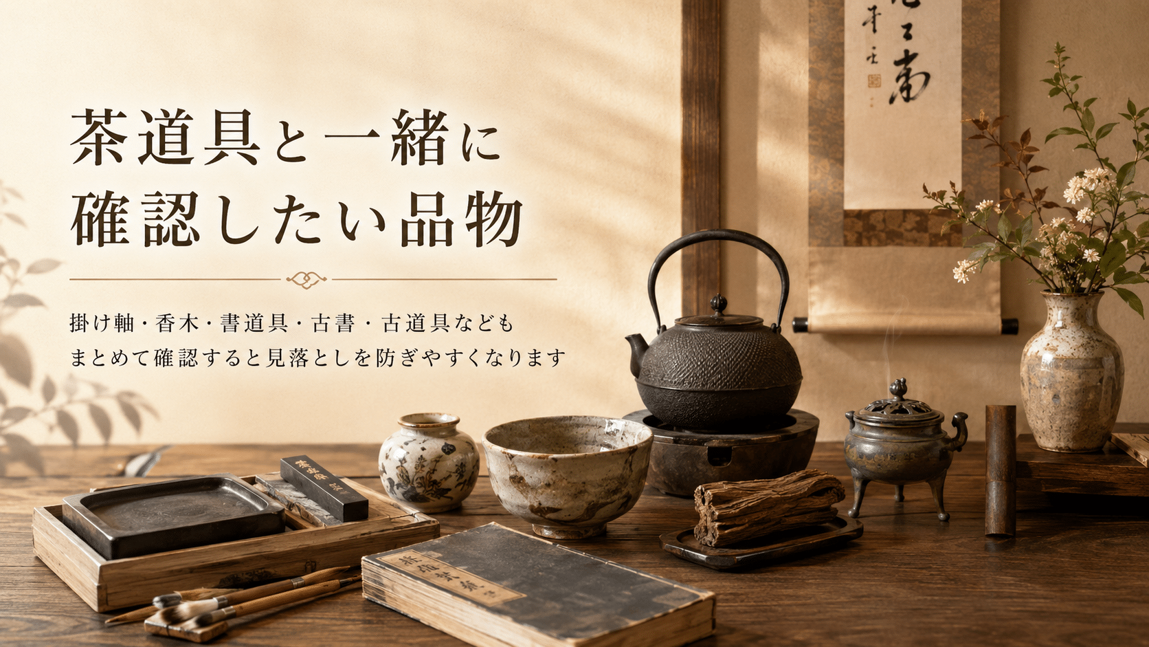 古い茶道具と一緒に確認したい掛軸・香木・書道具などの骨董品