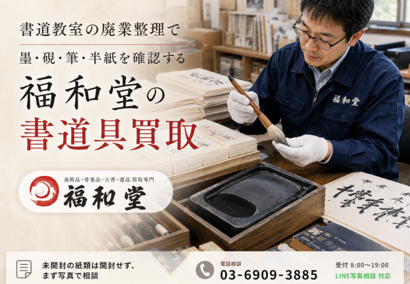 書道教室の廃業整理で墨・硯・筆・半紙を確認する福和堂の書道具買取