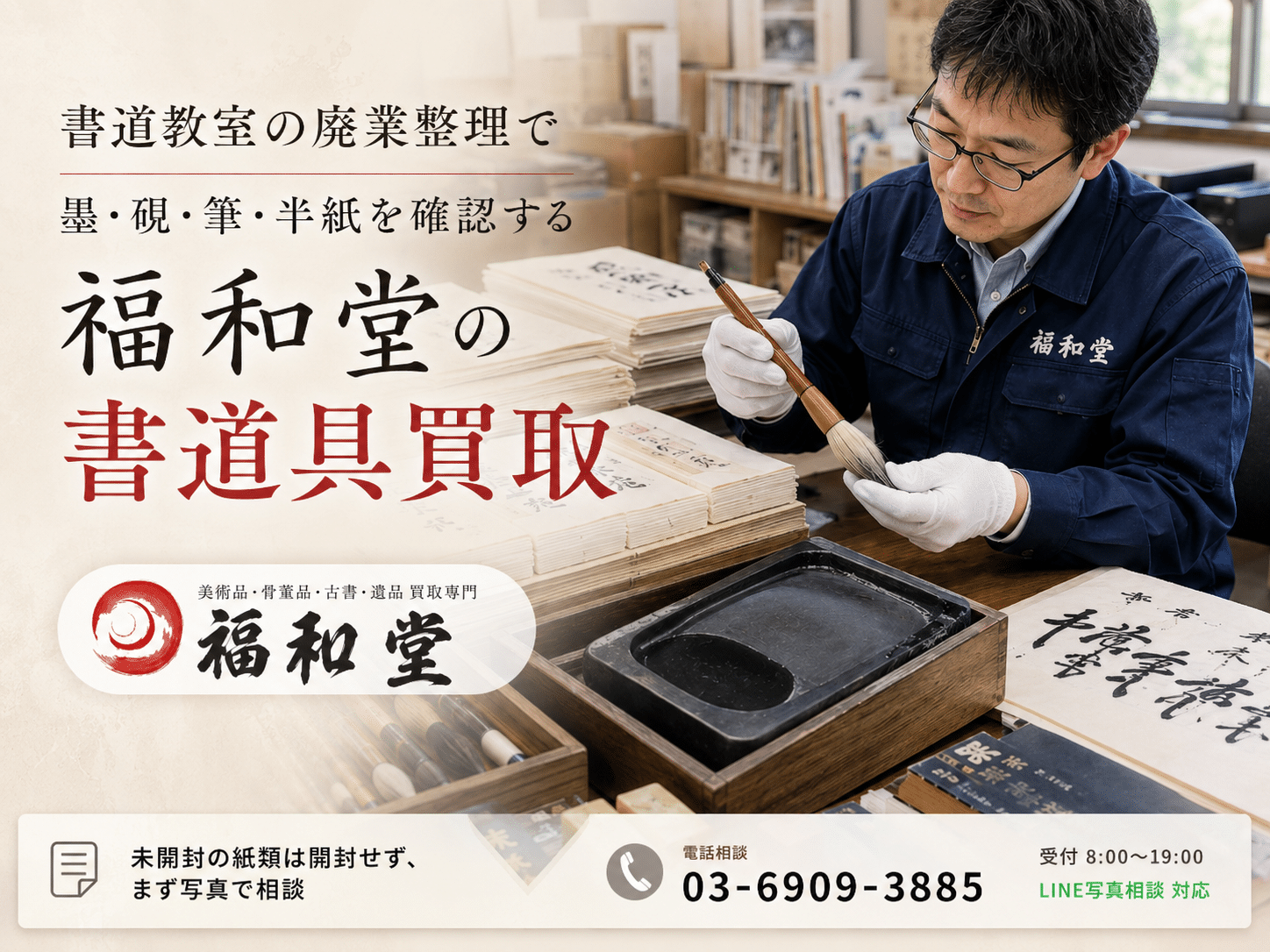 書道教室の廃業整理で墨・硯・筆・半紙を確認する福和堂の書道具買取