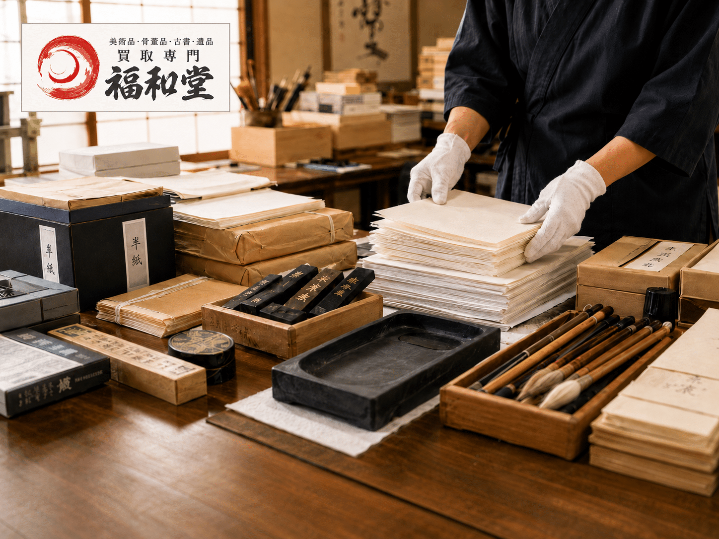書道教室に残った墨・硯・筆・半紙・画仙紙を整理する様子