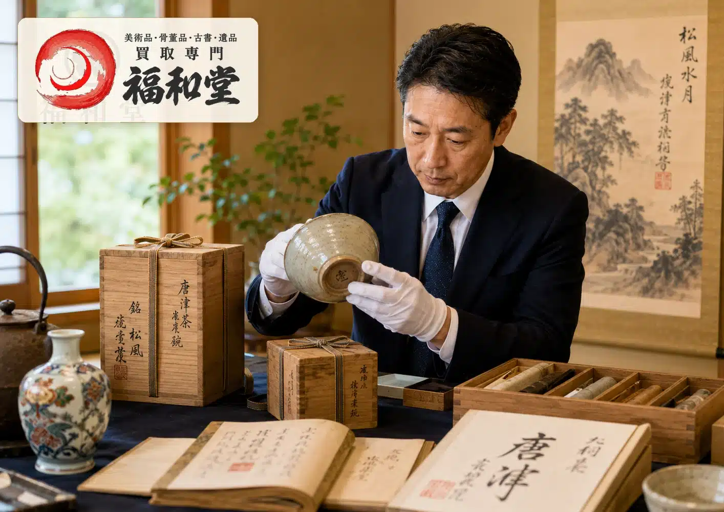 箱書き・落款・銘を確認しながら骨董品を査定する様子