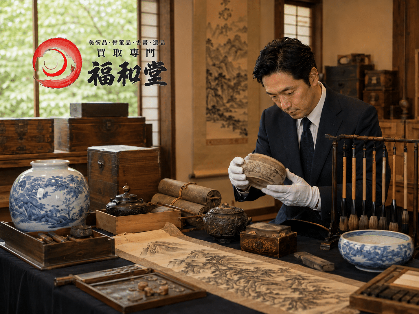 蔵から出てきた掛軸・香木・書道具・中国美術をまとめて査定する様子