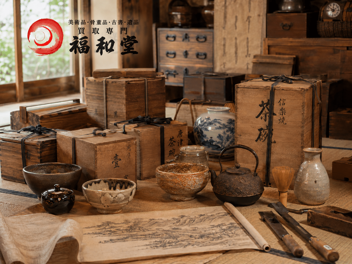 古い家の納戸から見つかった木箱入りの茶道具・陶磁器・古道具
