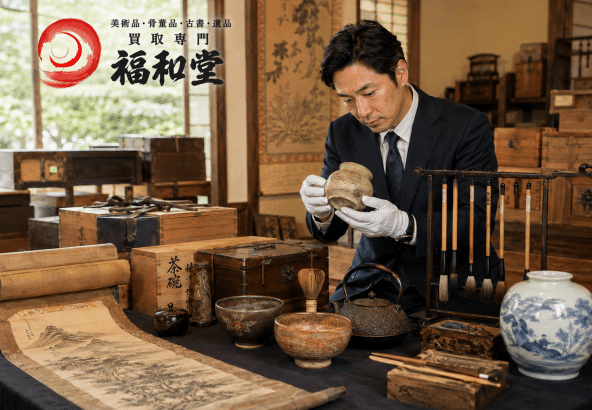 蔵や納戸の片付けで出てきた茶道具・掛軸・書道具を確認する福和堂の骨董品査定
