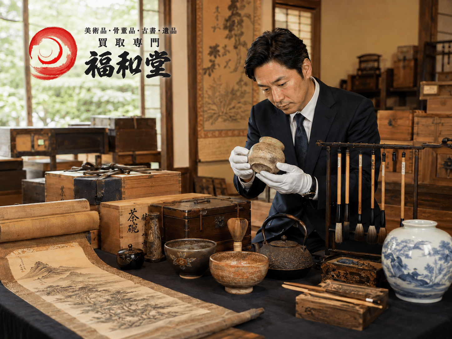 蔵や納戸の片付けで出てきた茶道具・掛軸・書道具を確認する福和堂の骨董品査定